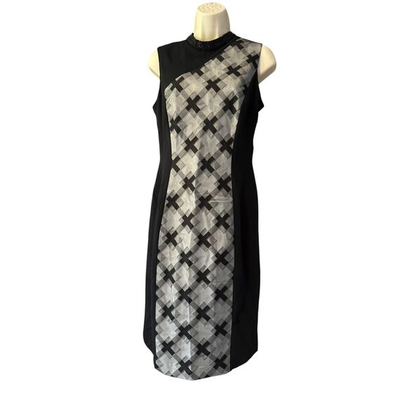 Pamella Roland Beaded Neckline Sheath Dress | Black Silver Geometric | Sz 6 NWT - Picture 1 of 8